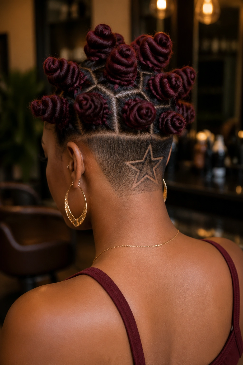 Back view close-up of a real person with burgundy knots and a shaved star at the nape.