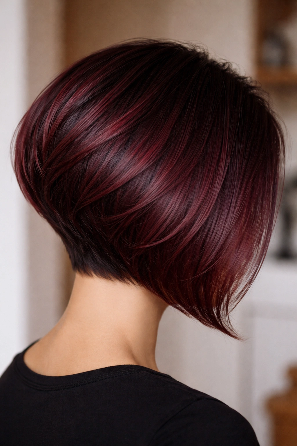 Close-up of stacked bob with burgundy ombre showing deep back and lighter mid-lengths