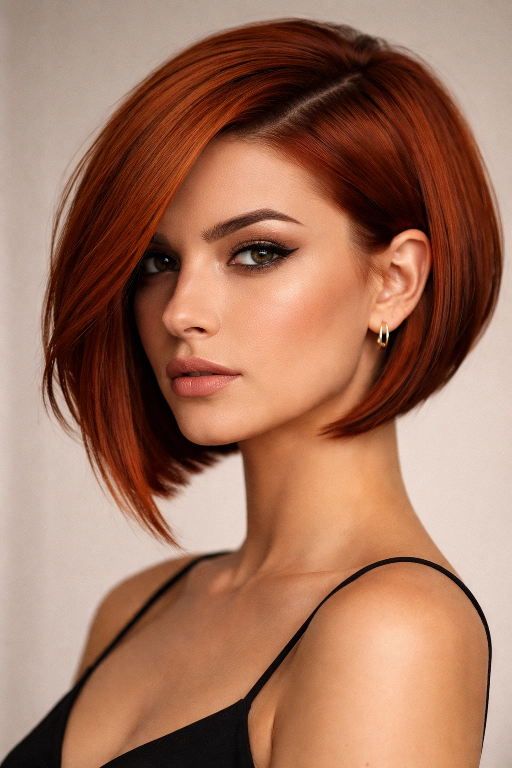 Asymmetrical burnt orange bob highlighting depth and jawline framing