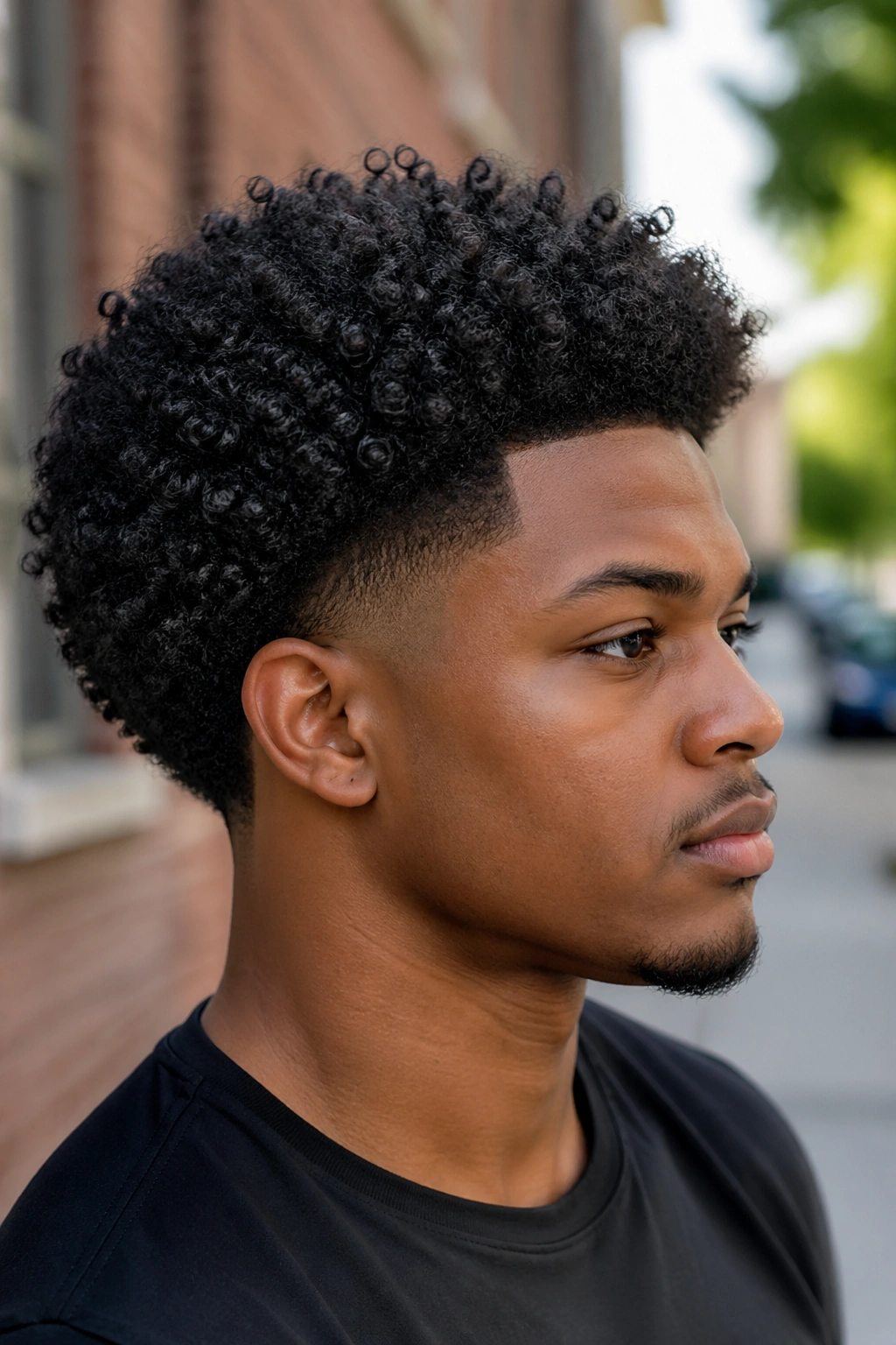Close-up portrait showing burst fade around the ear with a curly afro on top