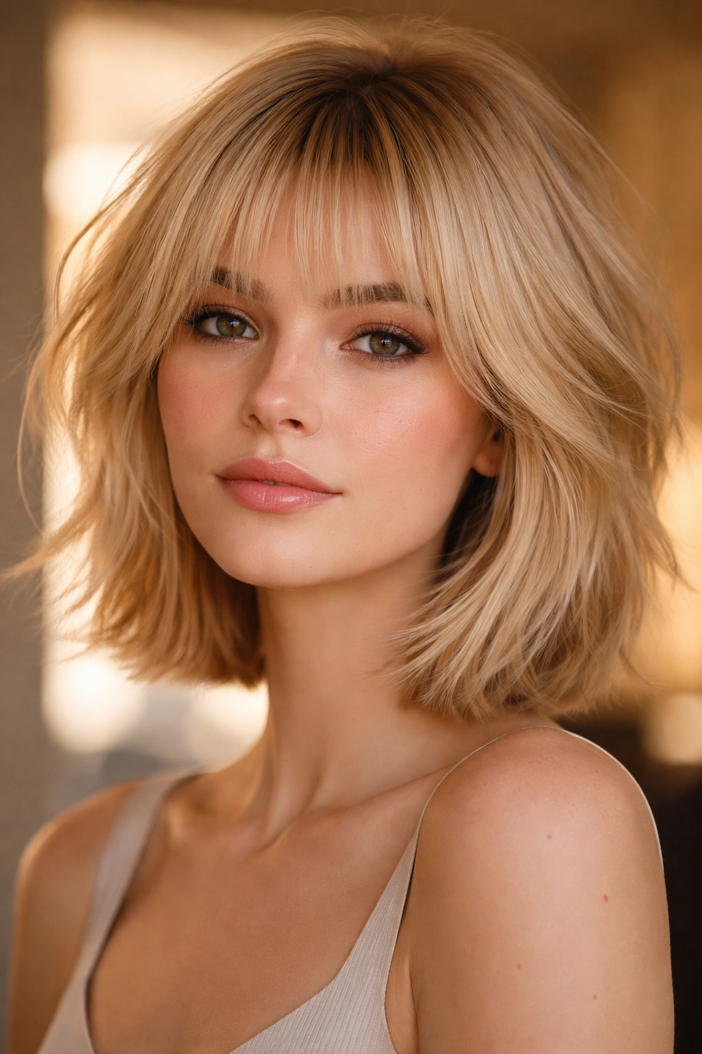Butter blonde wolf cut bob with airy micro fringe