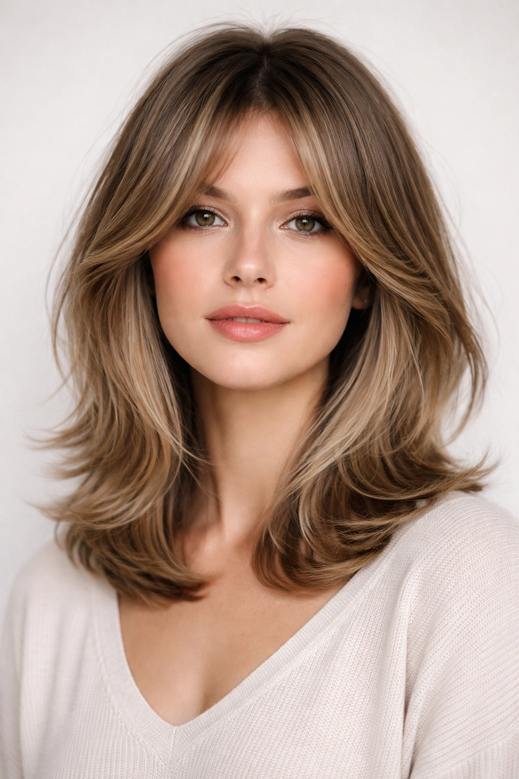 Collarbone butterfly cut bob with curtain fringe providing soft face framing and lift.