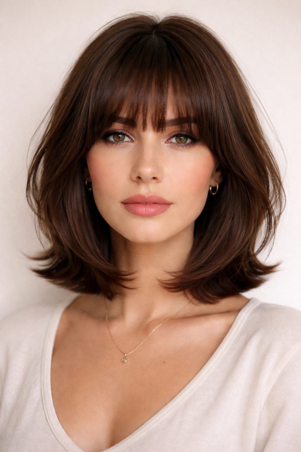 French butterfly bob with full bangs showing a sharp front edge and balanced sides.