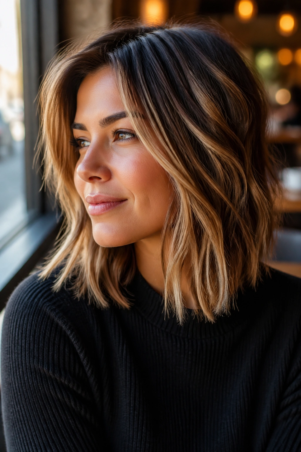 Close-up portrait of a real woman with caramel ribbon balayage on a textured lob under cafe window light