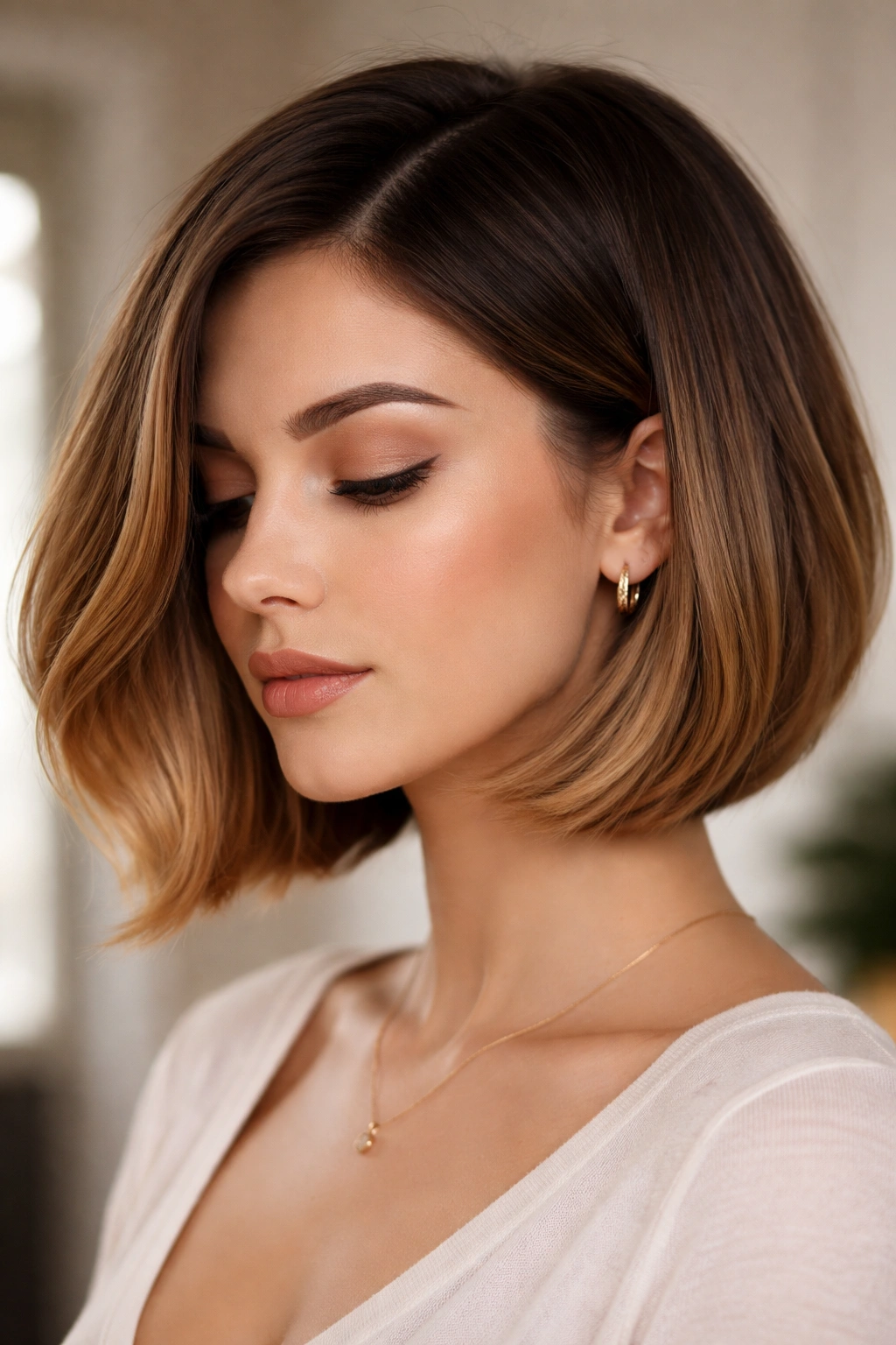 Chin-length bob with dark roots fading to caramel ombre along the length