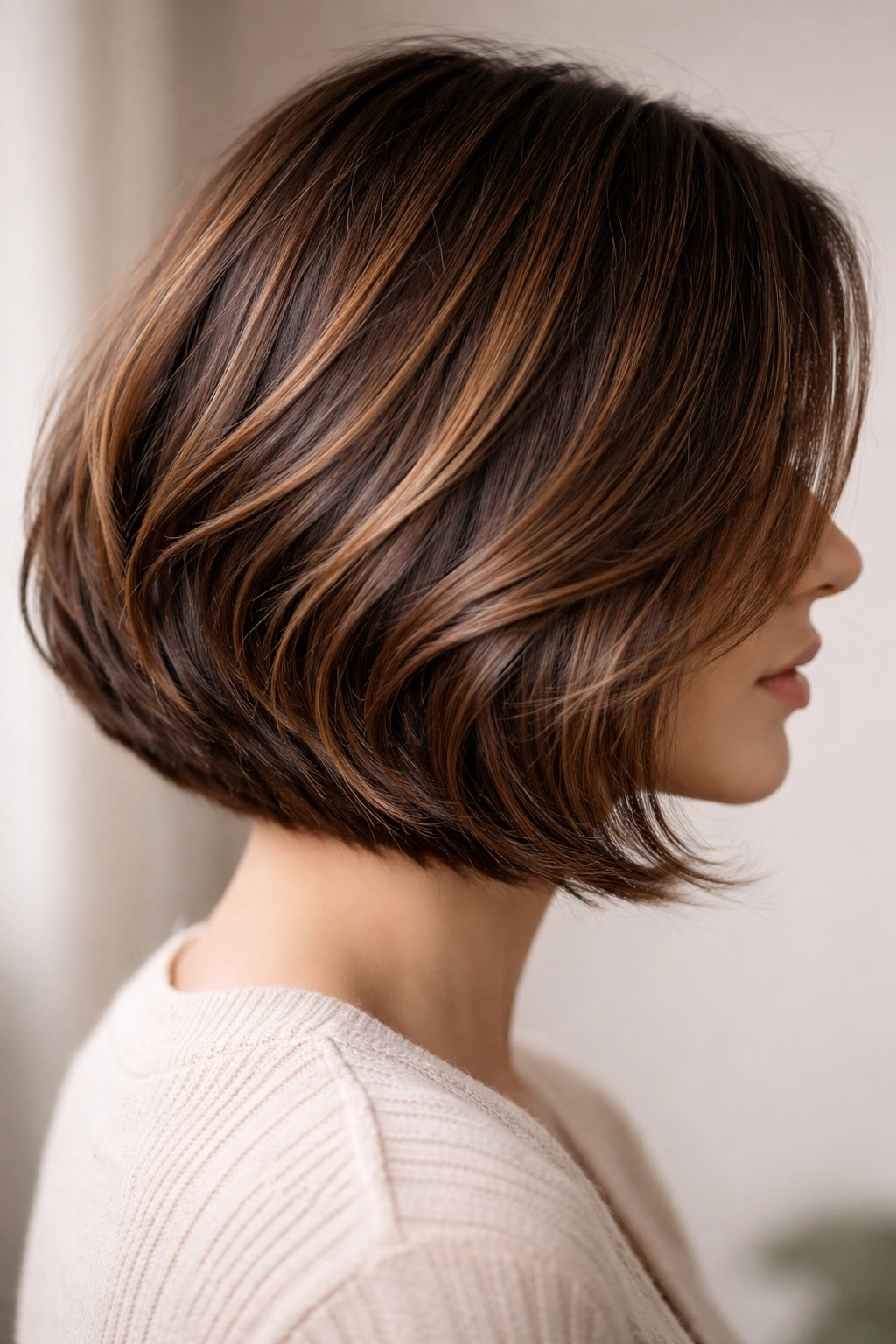 Close-up of a chin-length bob with caramel ribbons woven through brunette hair
