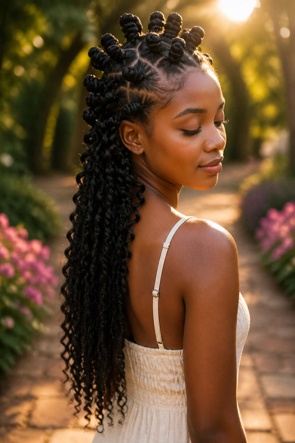 Portrait of a real person with long cascading knot pattern across the crown.