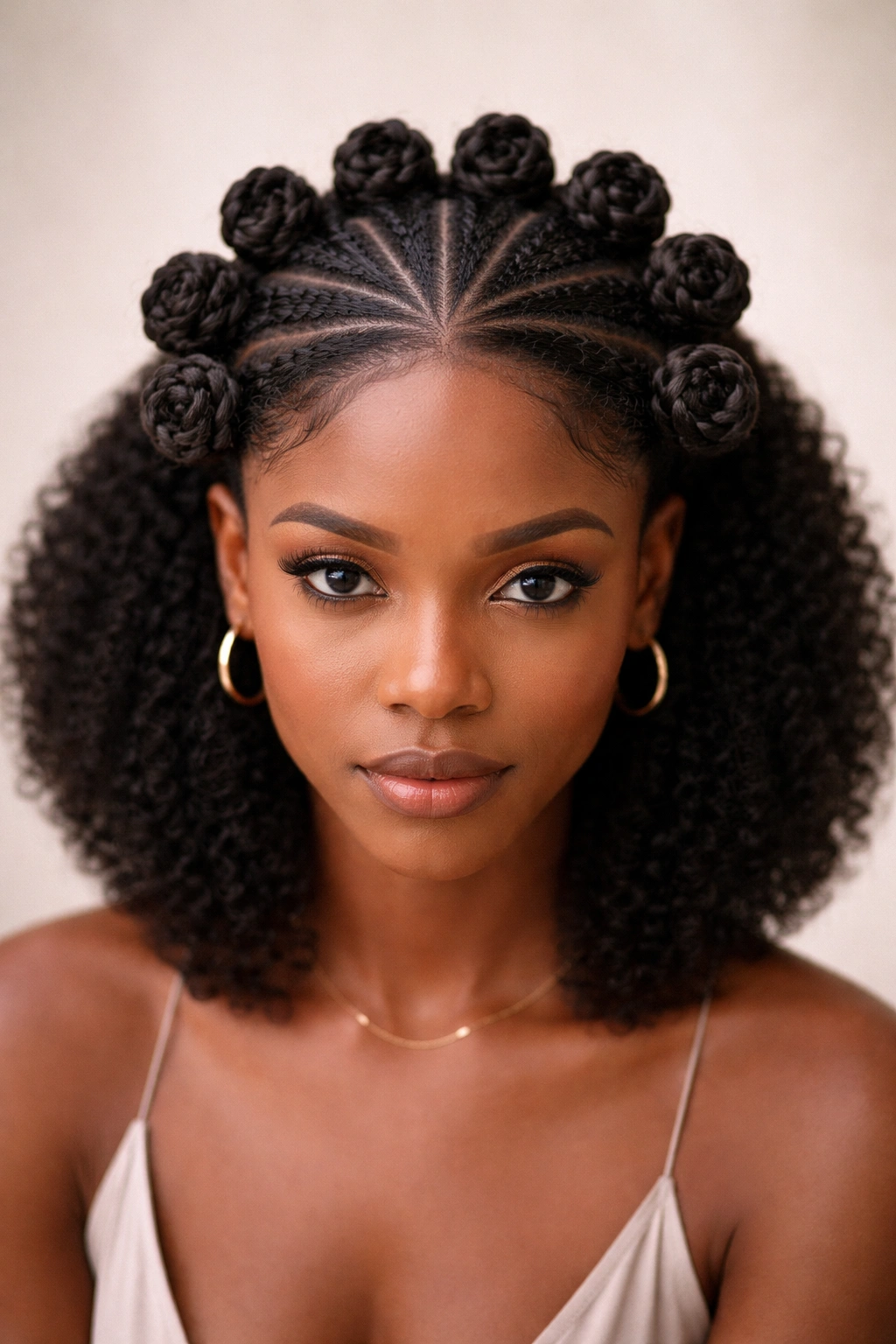 Close-up of a symmetrical center bloom crown formed by Bantu knots around a narrow center part on natural hair