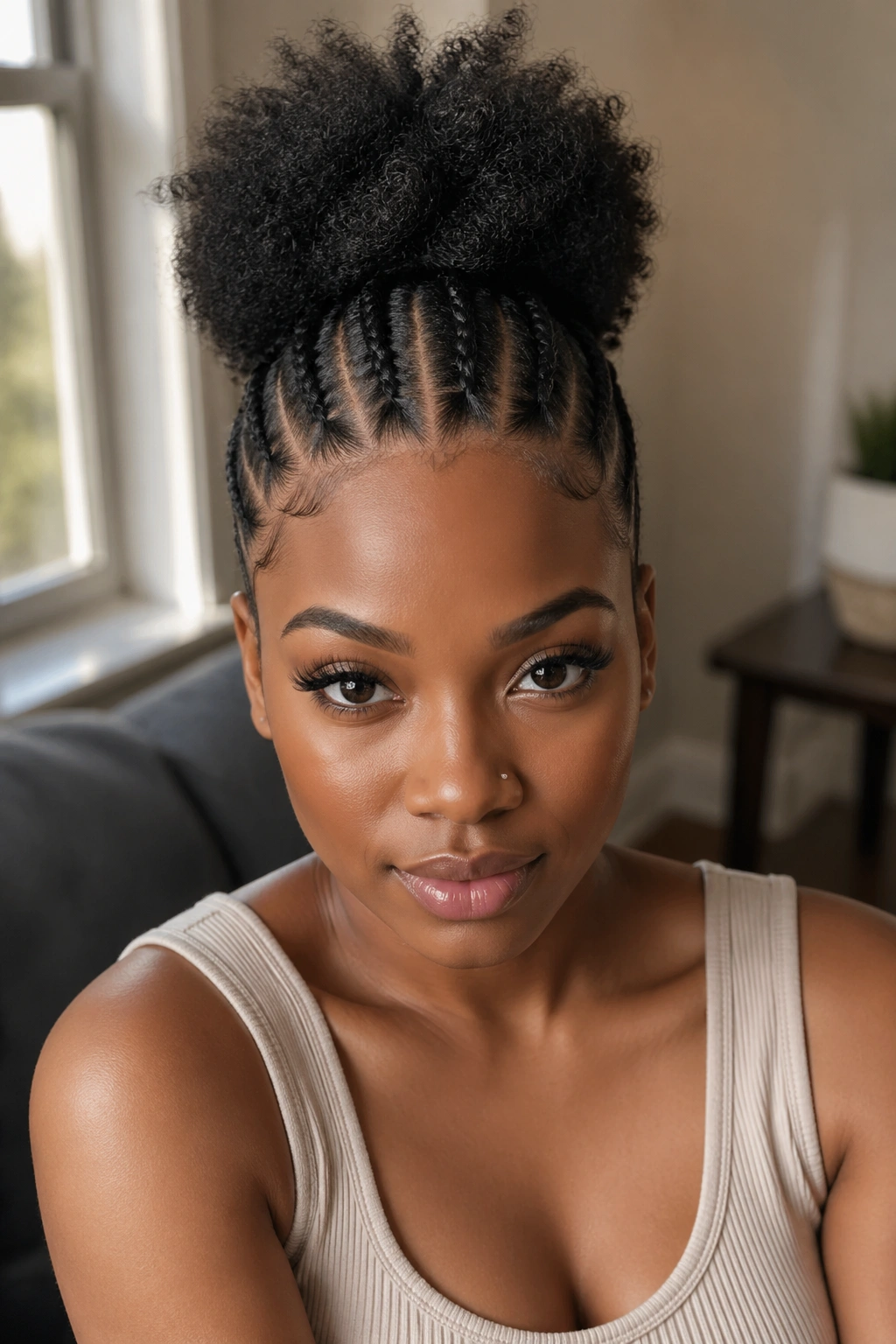 Close-up portrait of a real woman with center cornrows forming a high afro puff, natural window light