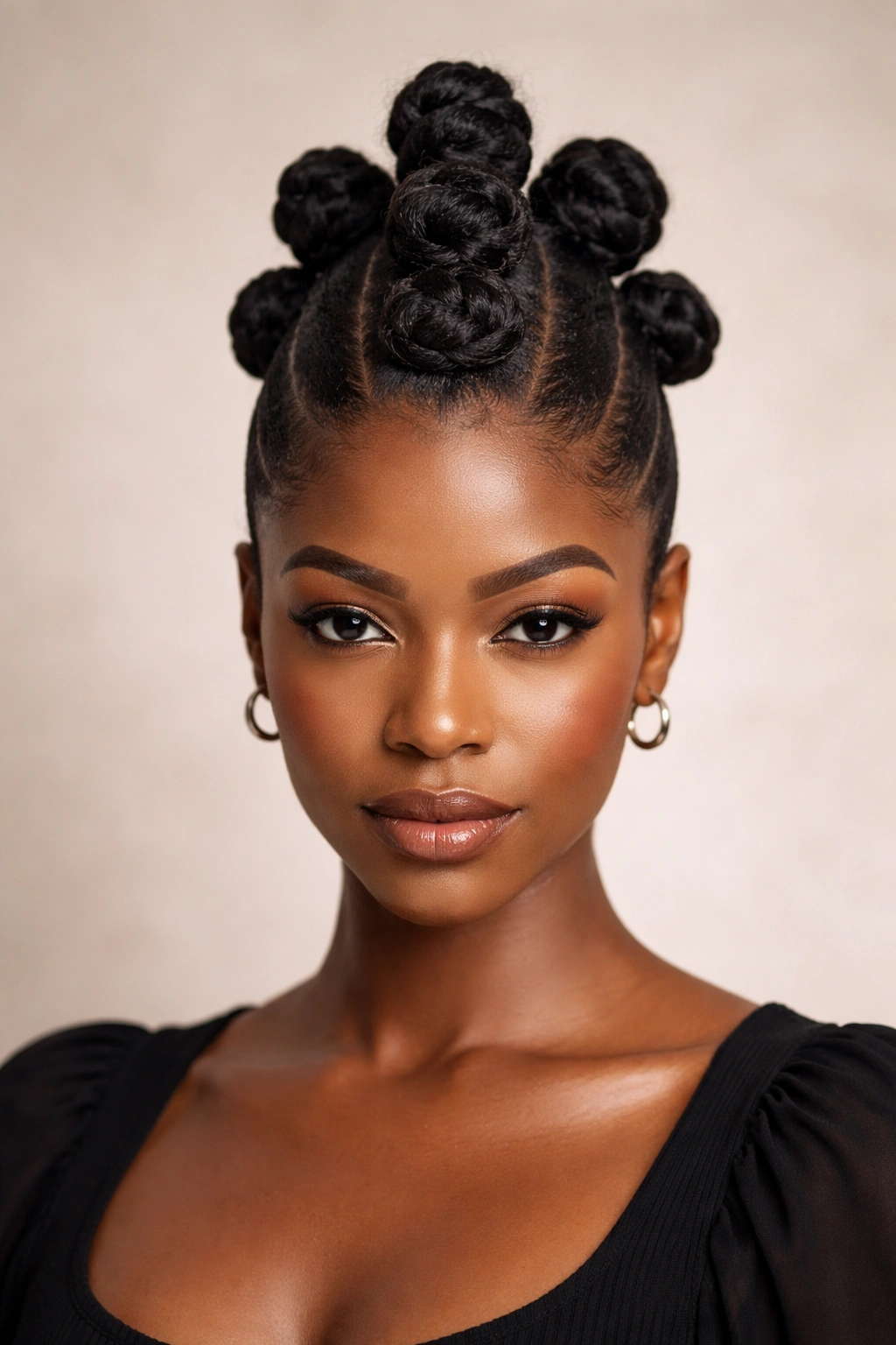 Center Mohawk Bantu Knots on 4C hair forming a tall silhouette with a centered knot row