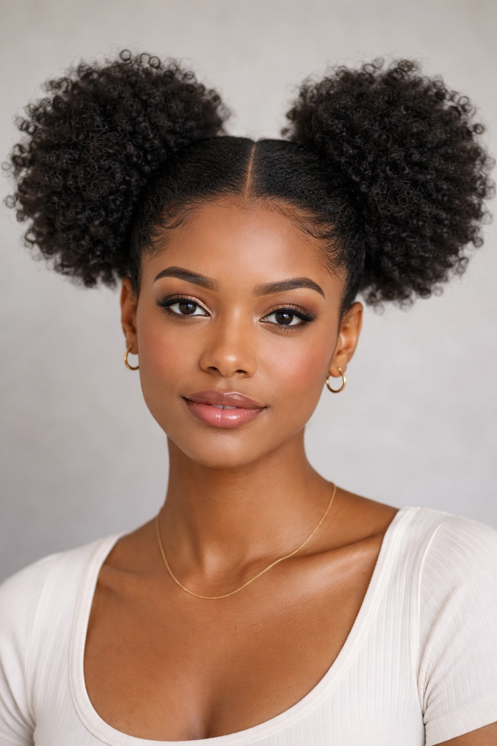 Close-up of Classic Center-Part Double Afro Puffs with symmetrical puffs on top.