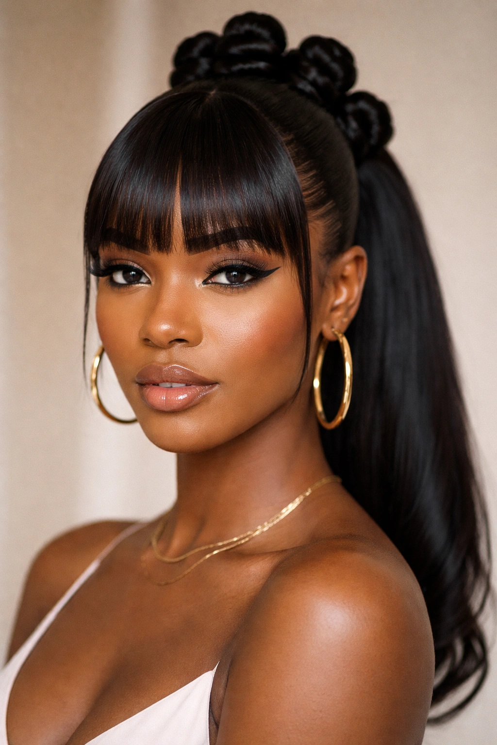 Close-up of sleek center-part Bantu knot ponytail with symmetrical bangs