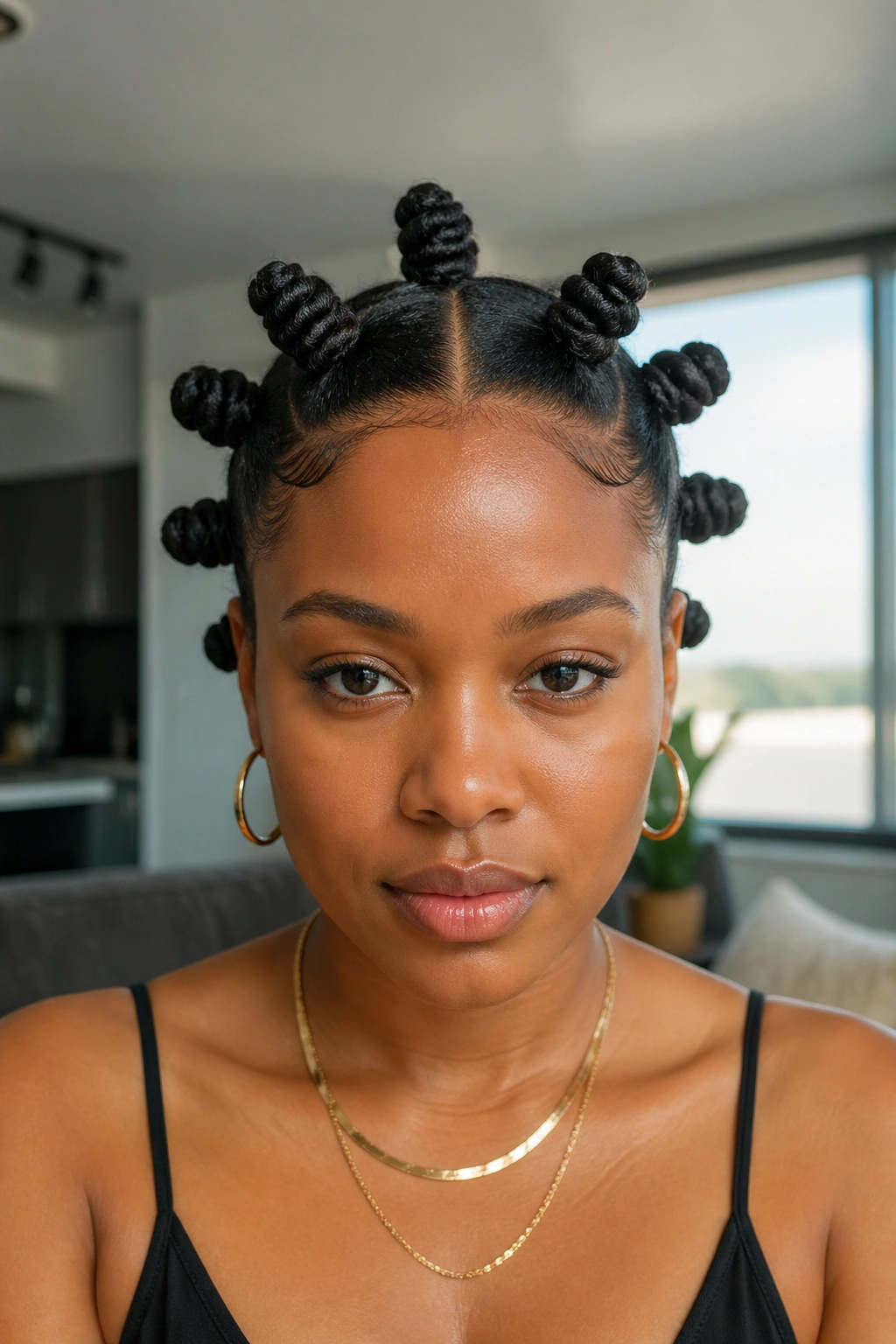 Close-up portrait of a real woman with center-parted bantu knots across the scalp