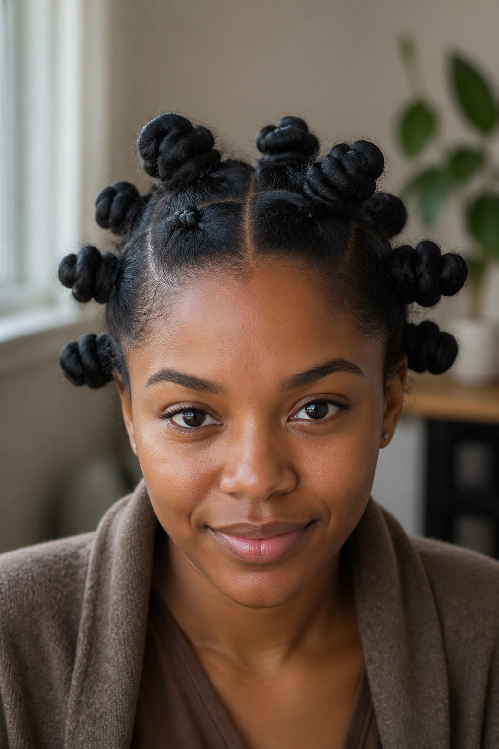 Real person with center-parted loose Bantu knots, symmetrical knot arrangement.
