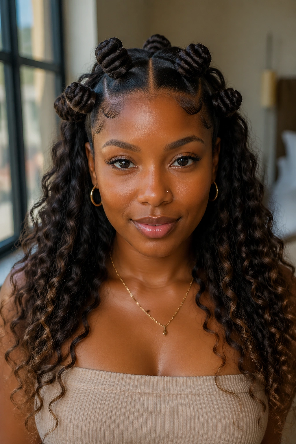 Front portrait of a real woman with a center-part, Bantu knots and waterfall curls
