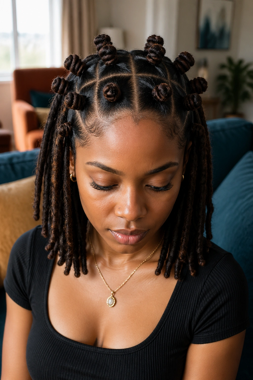 Close-up of a real person with classic center-part Bantu knots on locs.
