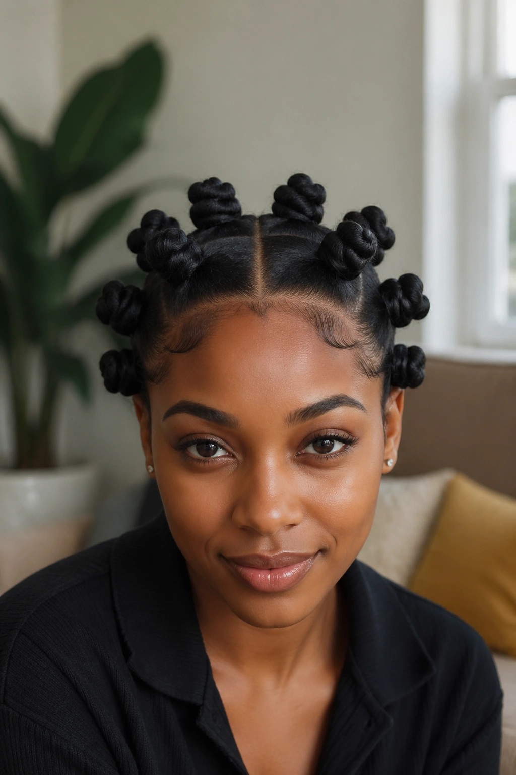 Close-up portrait of a real person with a center-part and medium Bantu knots