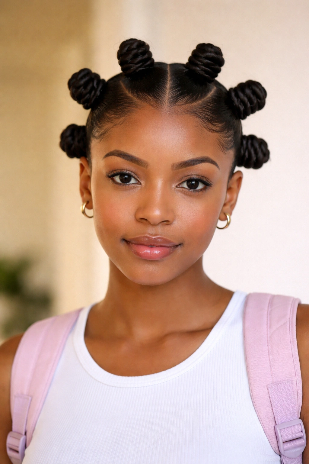 Close-up of classic six-knots center-part hairstyle with shoulder-length hair