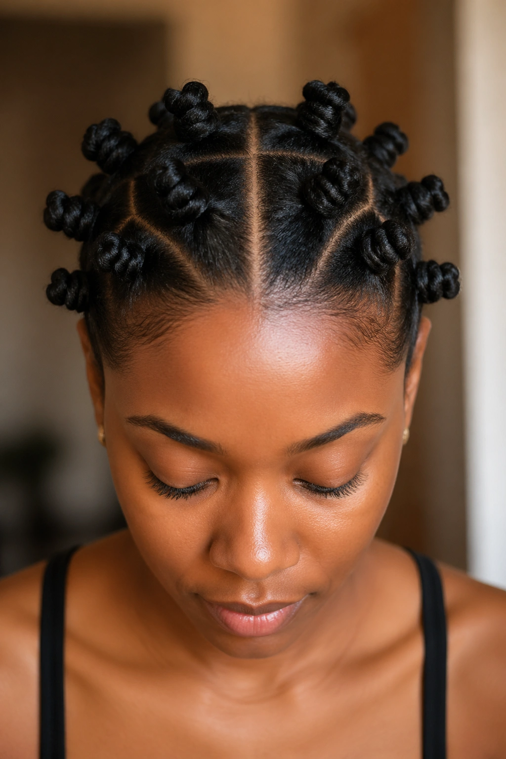 Close-up of a real person with a center-part and symmetrical bantu knots