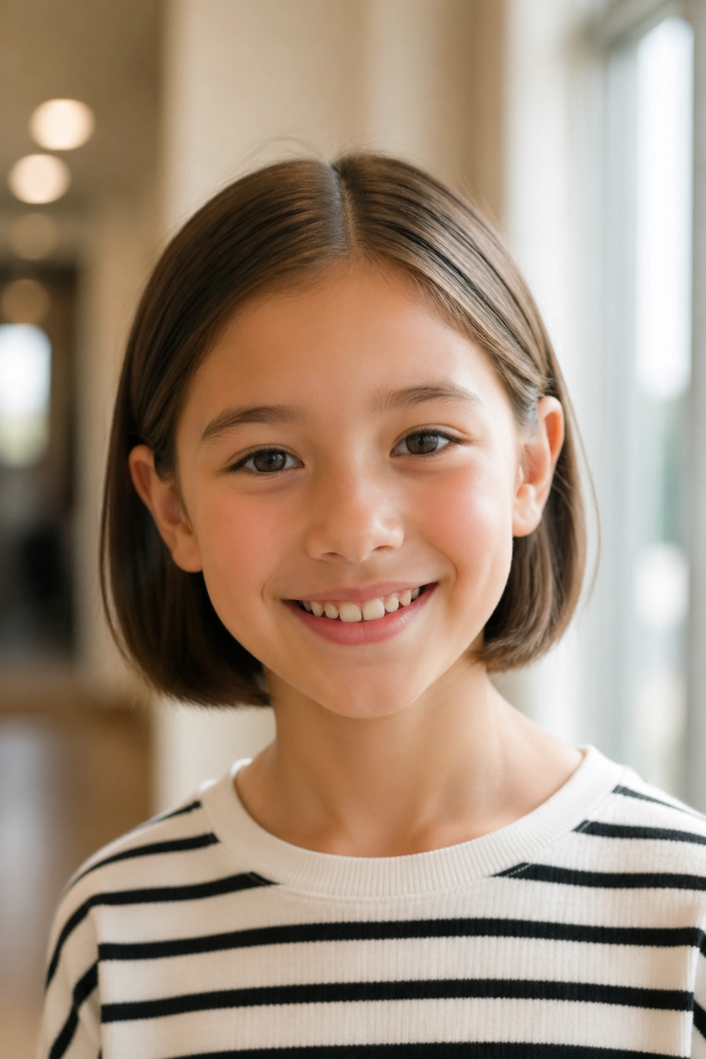 Close-up of a child with a center-part bob tucked behind the ears in bright hallway light