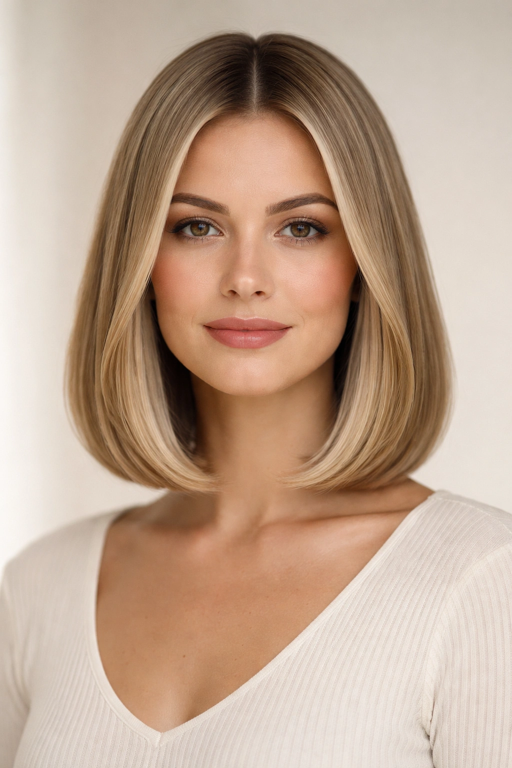 Close-up of center-part bob with a soft bend at the ends, shoulder-length hair