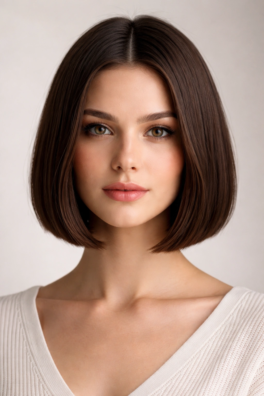 Front view of center-part chin-length bob with even line