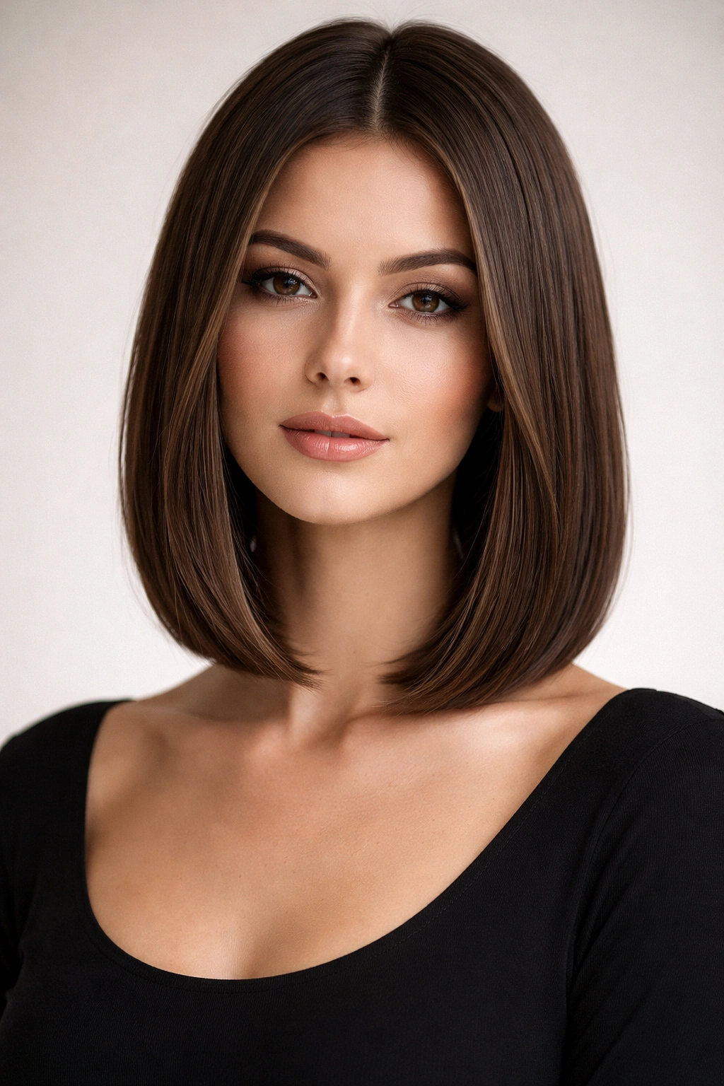Center-Part Collarbone Bob With Invisible Layers: sleek center-parted collarbone-length bob with subtle interior layers