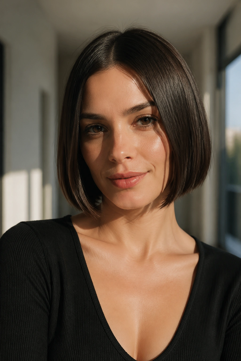 Real woman with center-part bob, symmetrical hair framing
