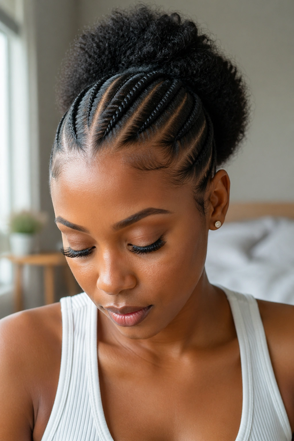 Real woman with center-part cornrows and a rounded back puff