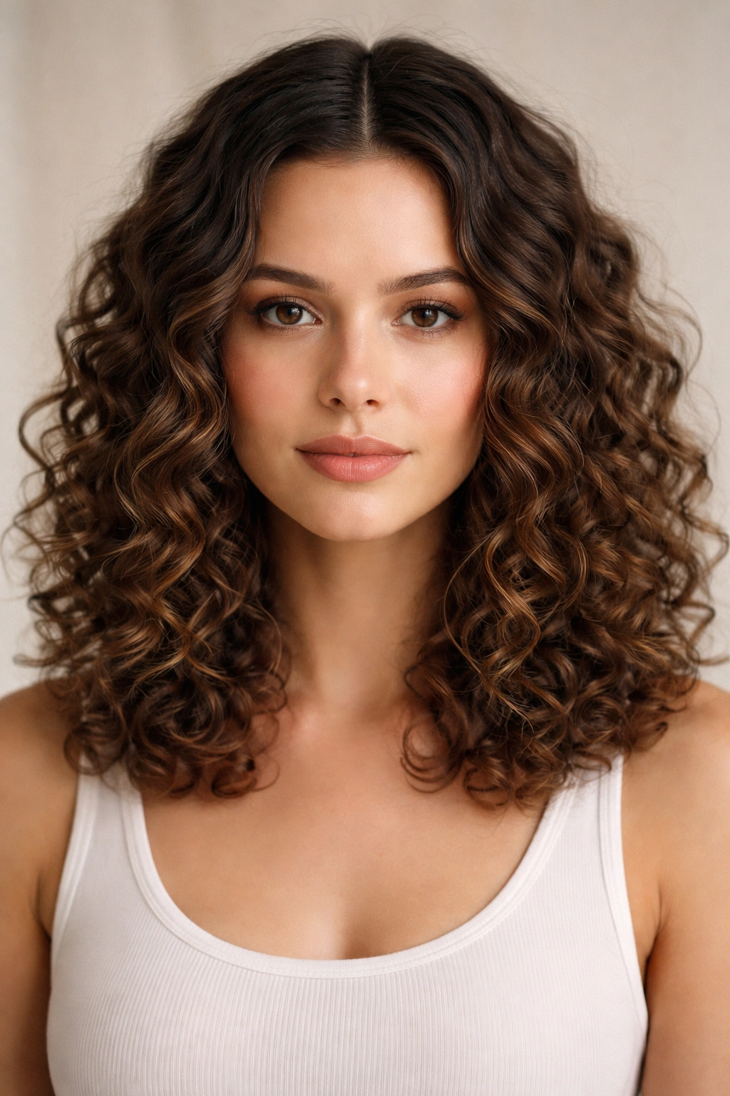 Close-up of center-part curly hairstyle with balanced shoulder-length curls