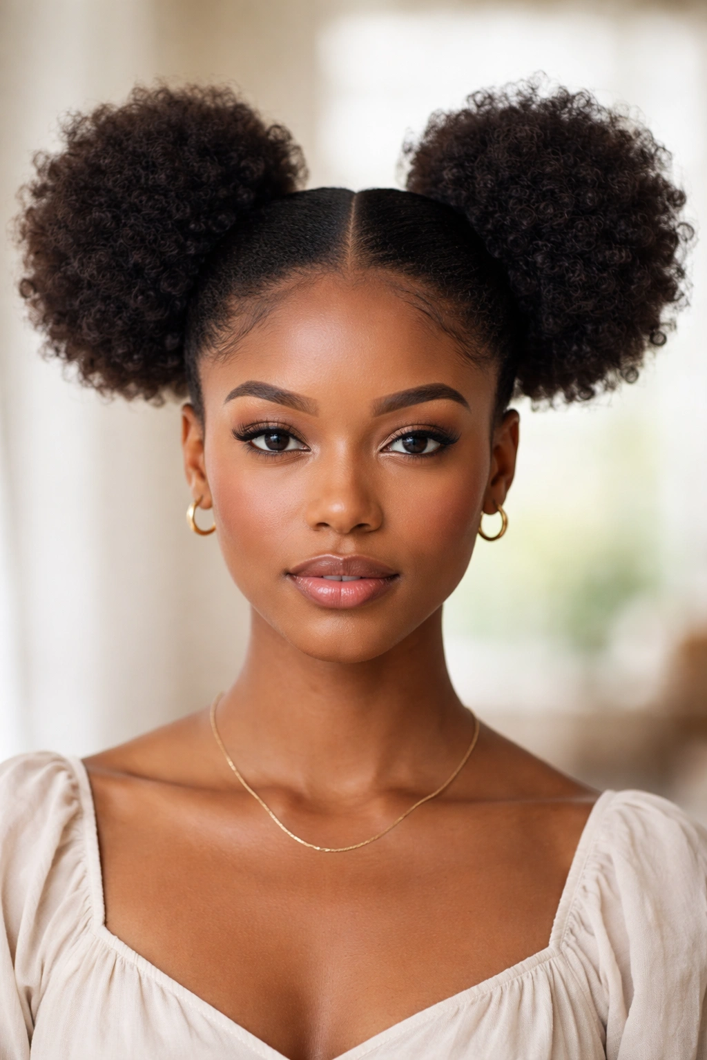 Center-part double puffs on oval face with symmetrical puffs