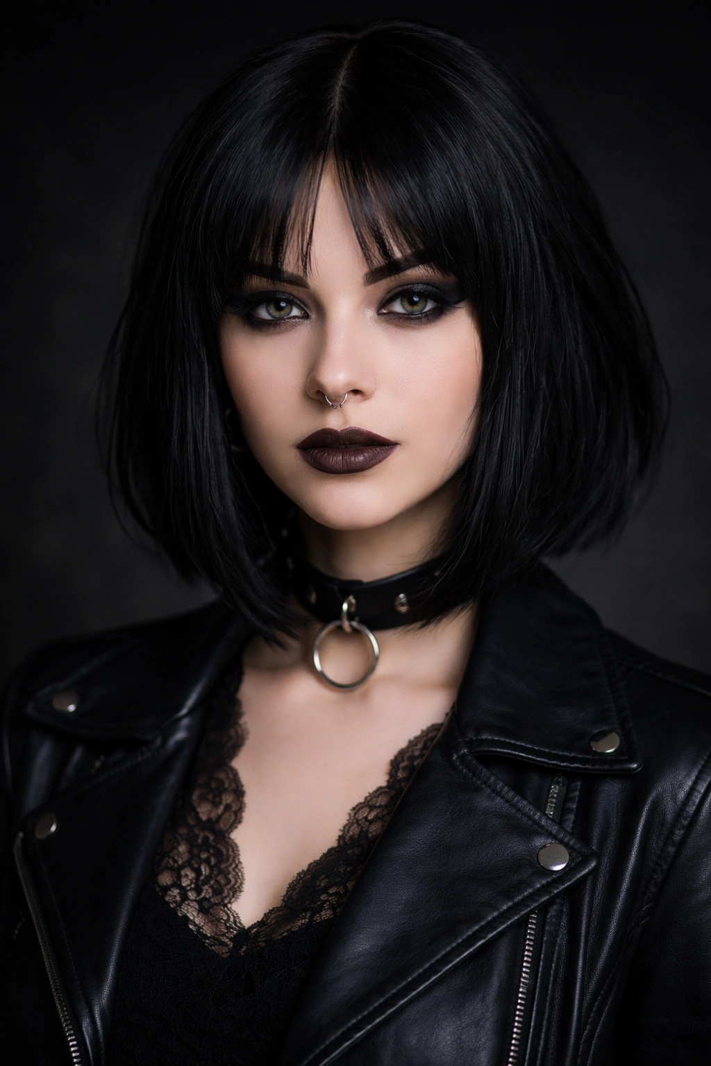 Close-up of a center-part goth bob with heavy curtain bangs, symmetrical moody silhouette
