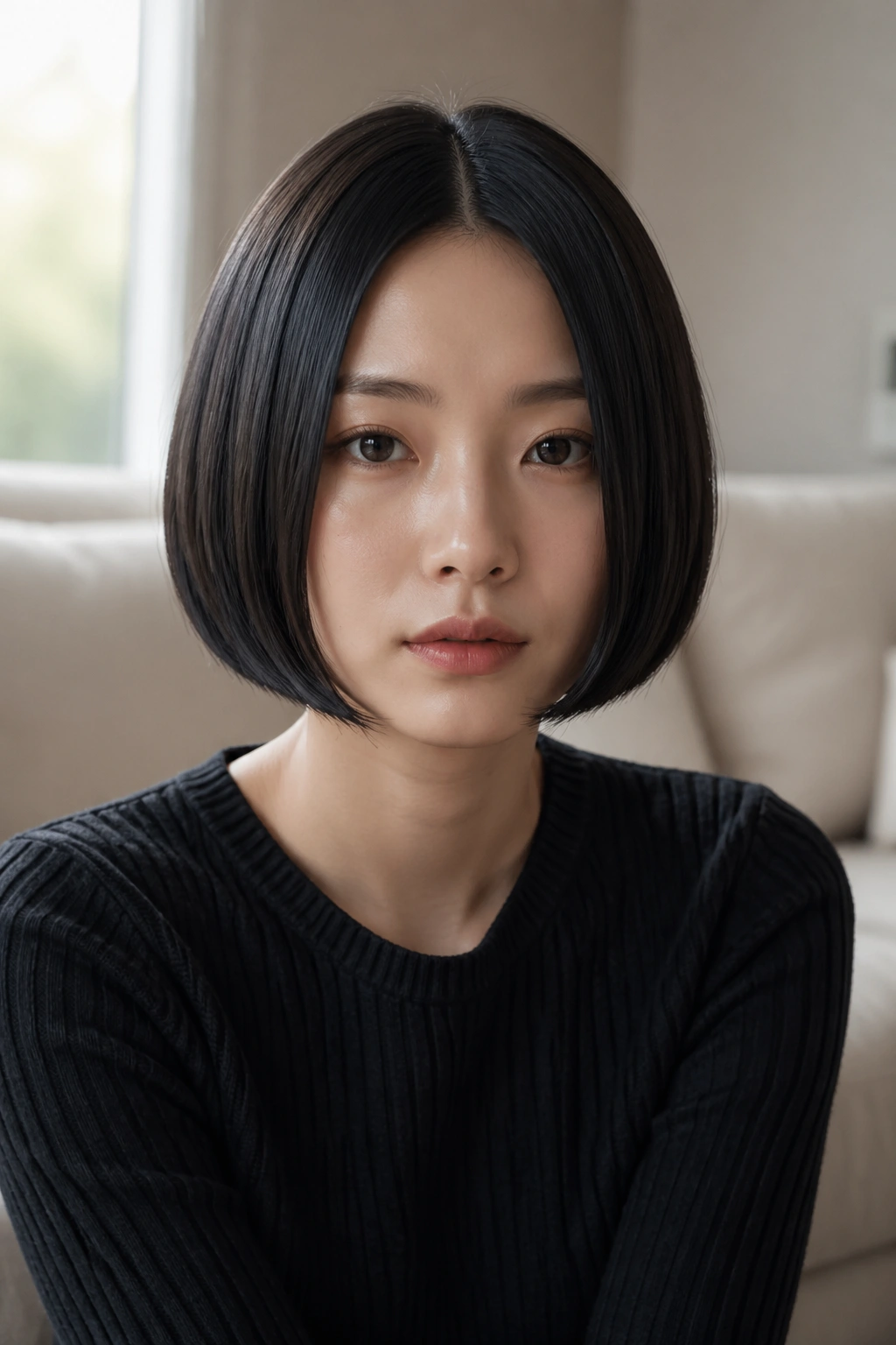 Close-up of a woman with center-part Japanese bob balanced sides
