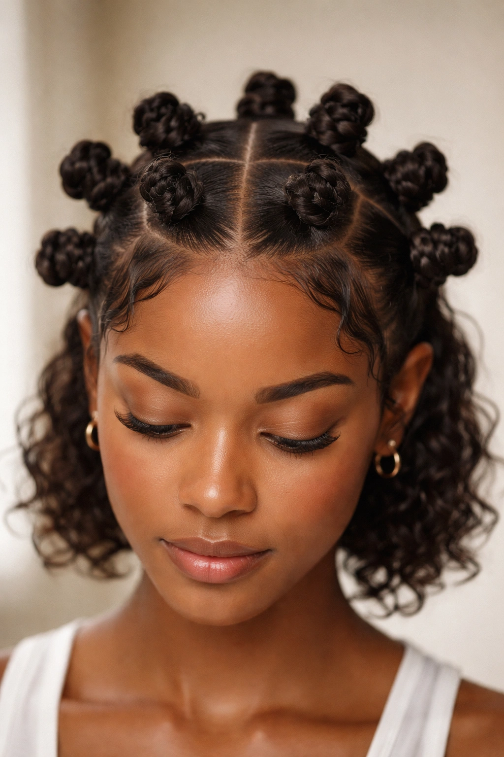 Close-up of soft center-part mini knots along a crisp scalp center part