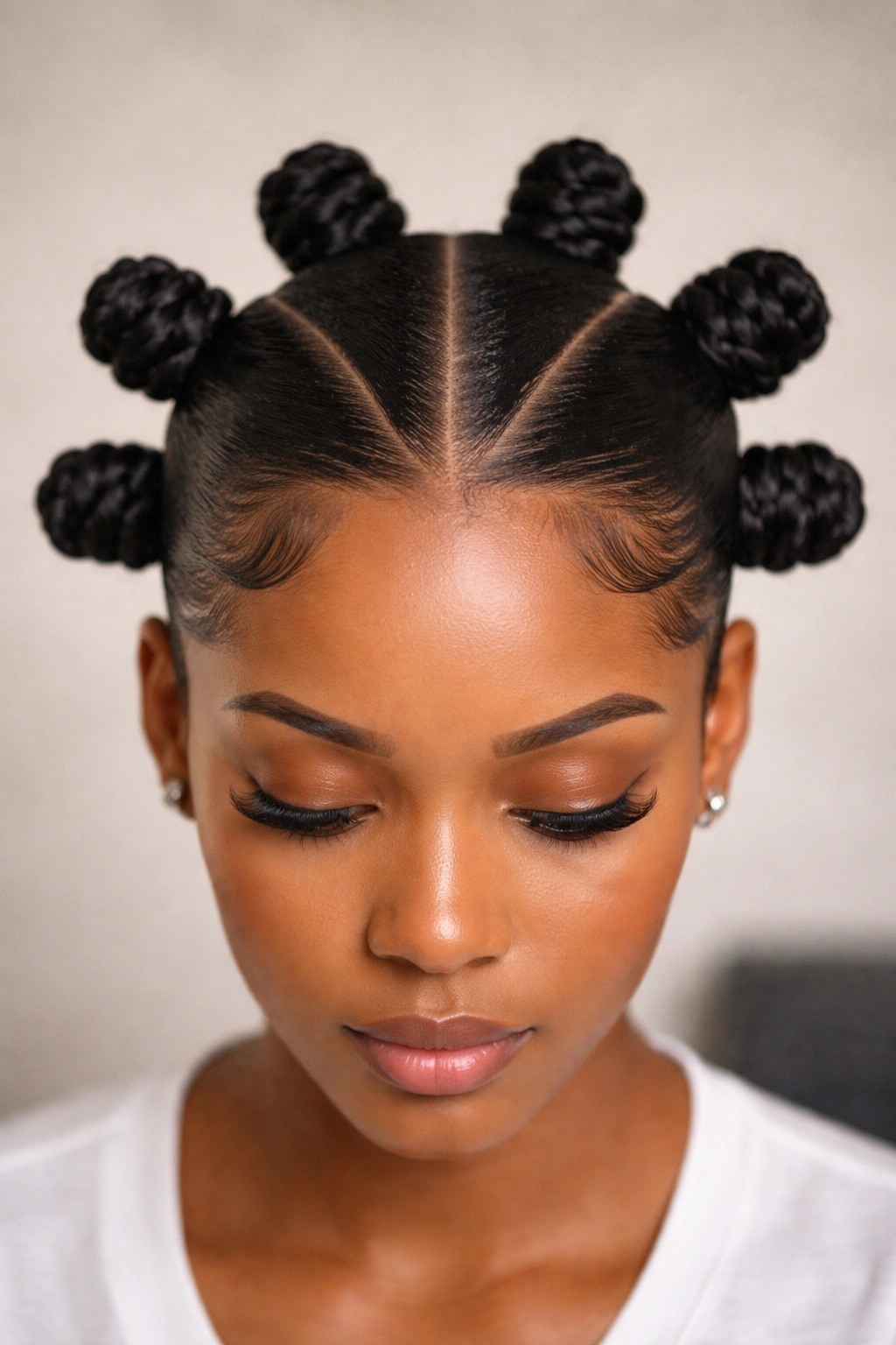 Close-up of head with a center-part and neatly formed Bantu knots on quick weave