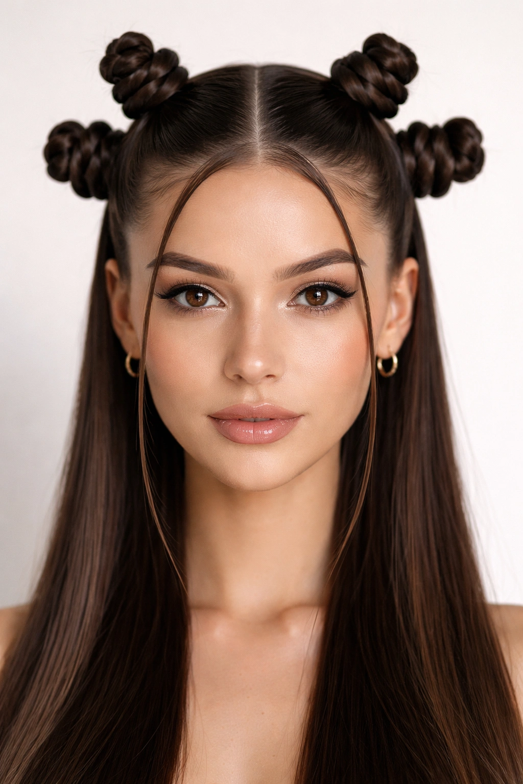 Center-part Bantu knots on straight hair, symmetric coils across scalp