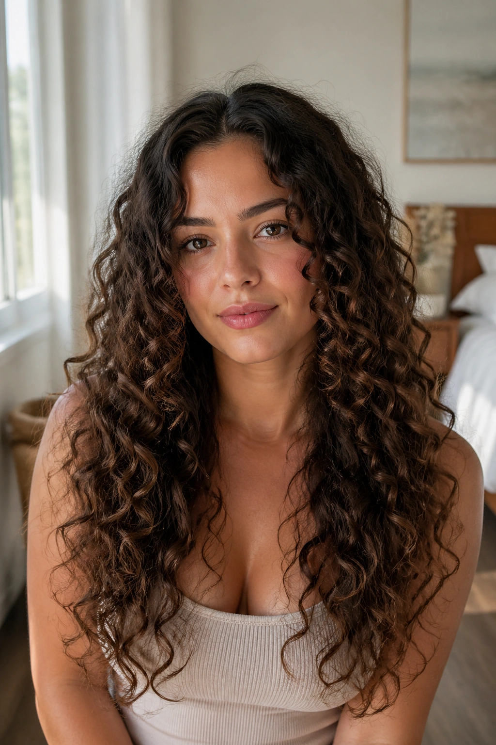 Close-up portrait of a woman with long layered curls center part in morning light