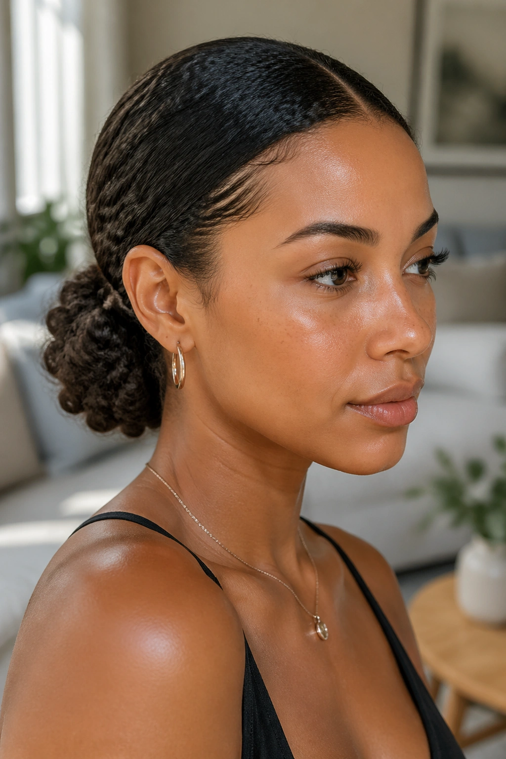 Close-up of real woman with center-part and low bun