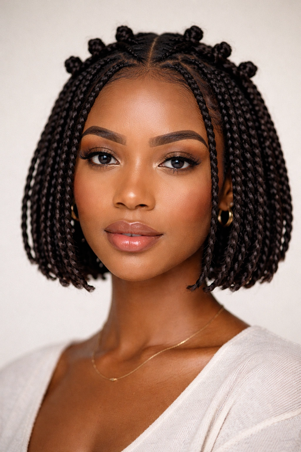 Center-part bob with tiny knot halo along hairline