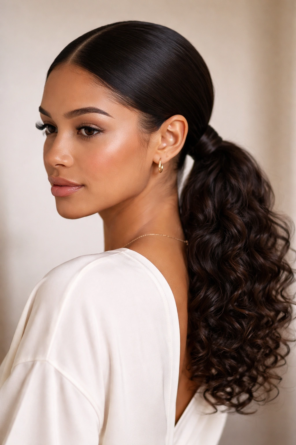 Sleek center-part low ponytail on curly hair