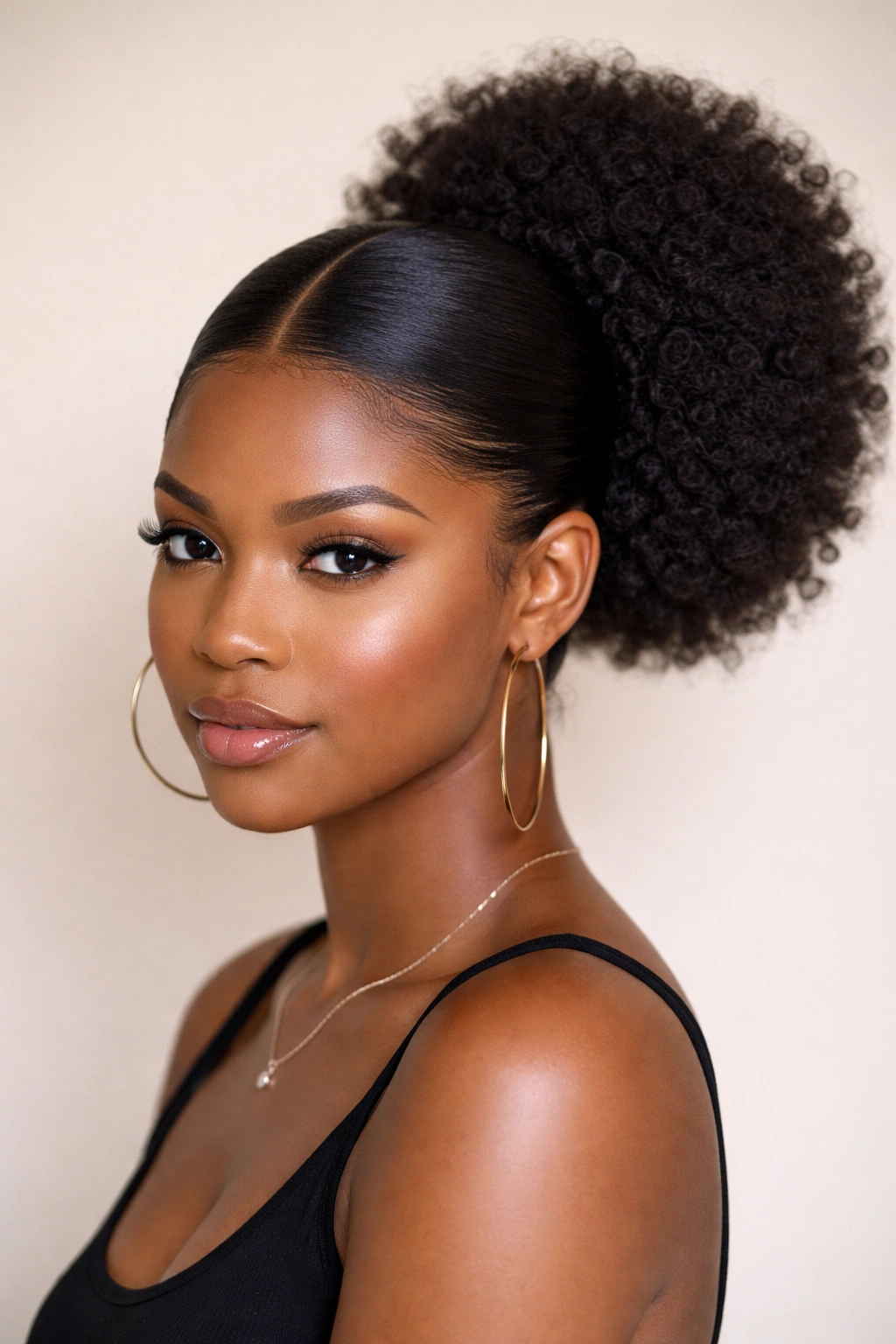 Center-part puff hairstyle with sleek front and full back puff