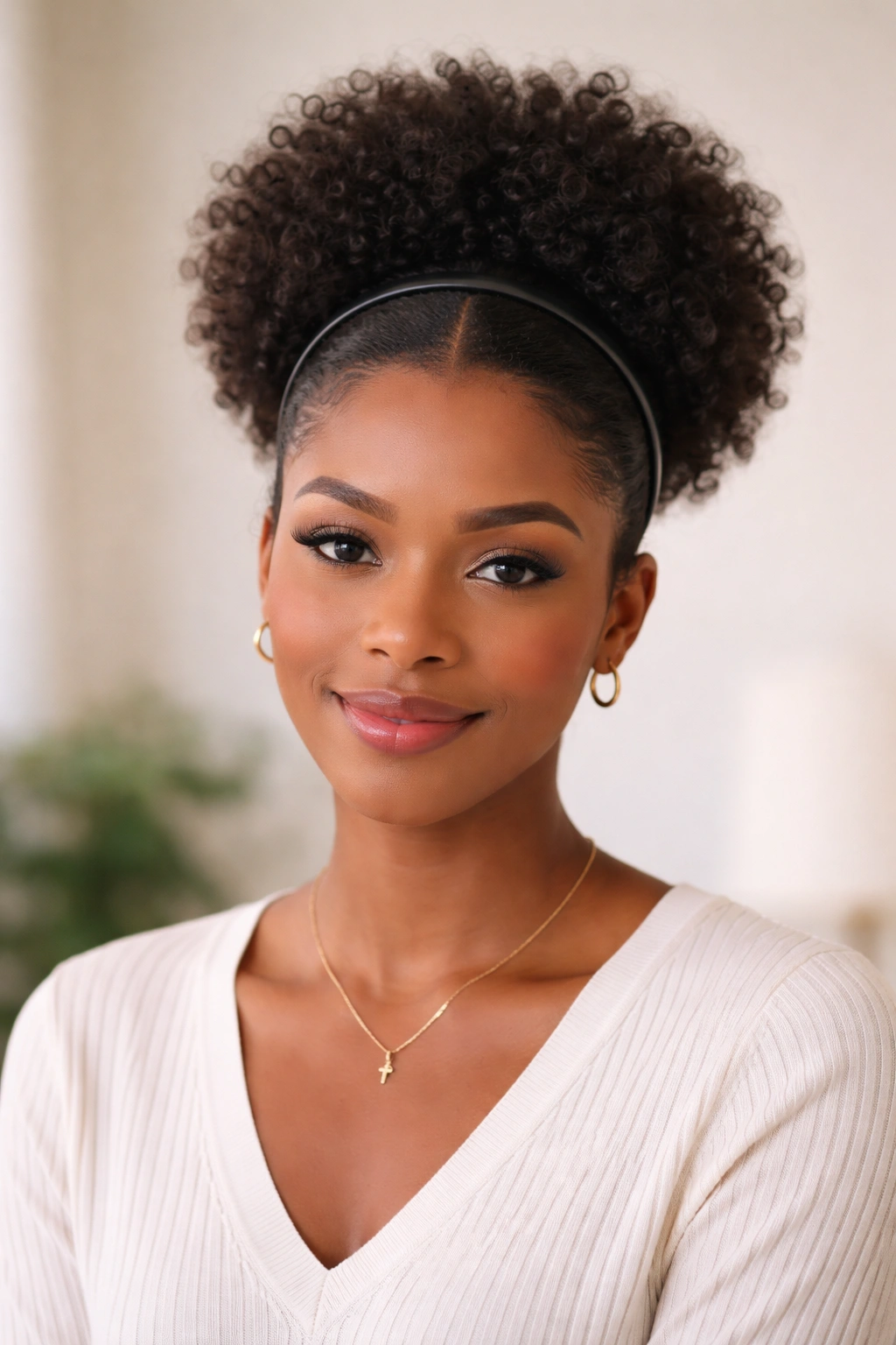 Portrait of a center-part puff with a slim headband on a bob