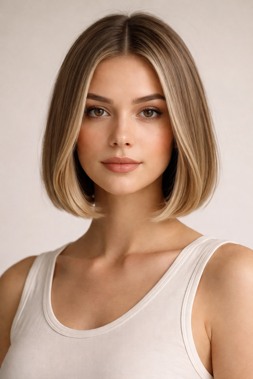 Center-part chin-length razor bob with ends tucked behind ears and a clean architectural line.