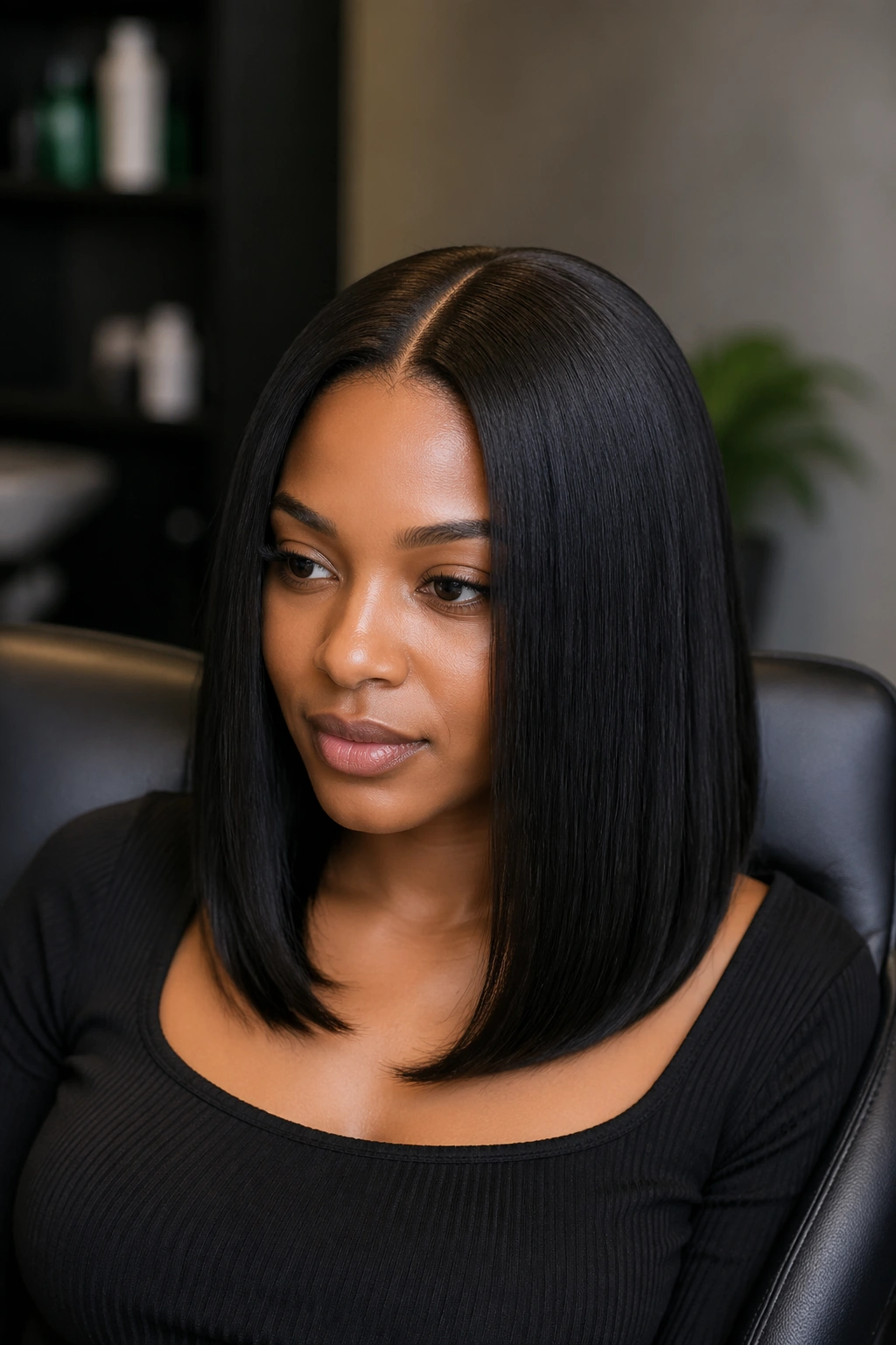 Real woman with a center-part closure sew-in hairstyle.