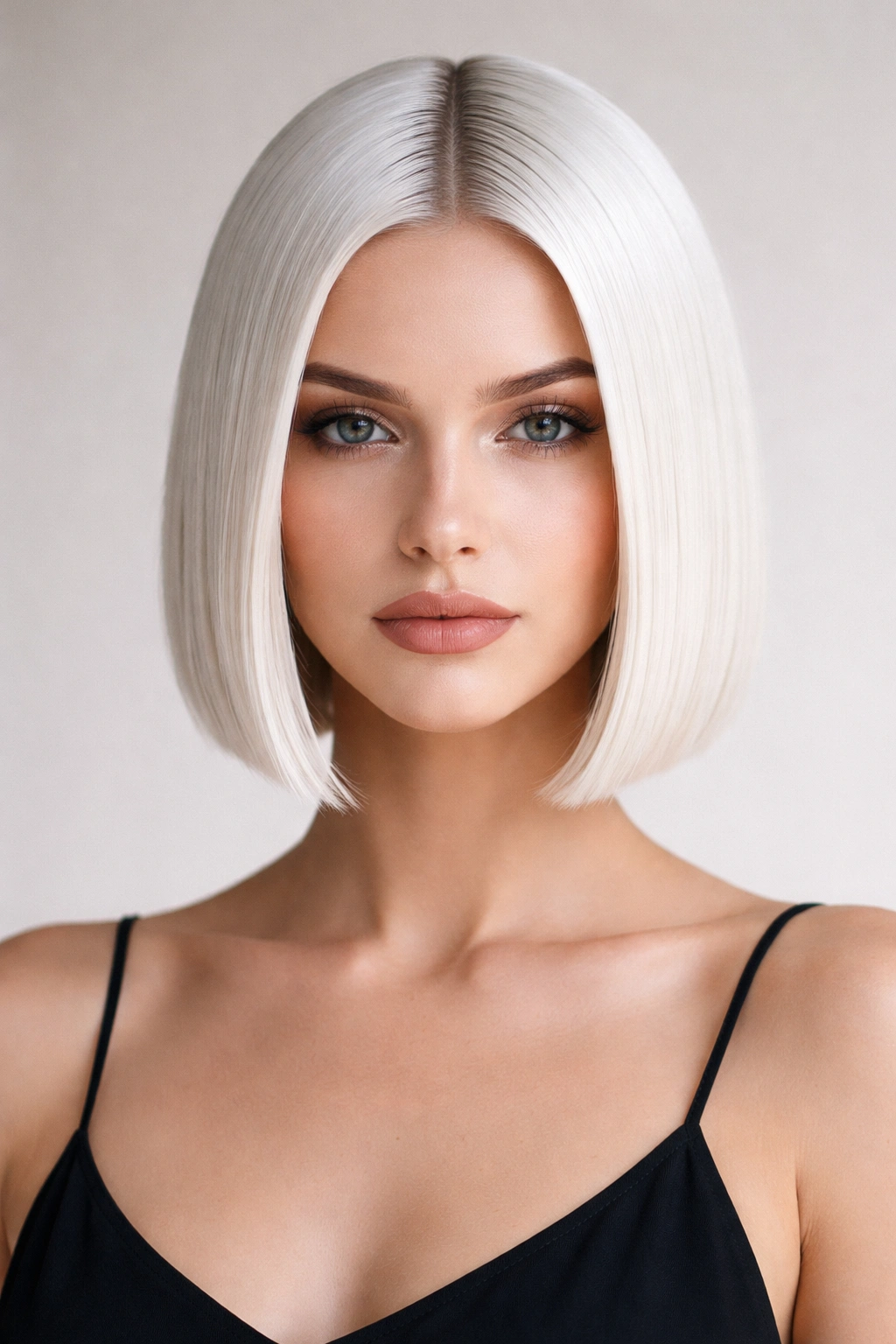 Center-part white bob with symmetrical sleek sides