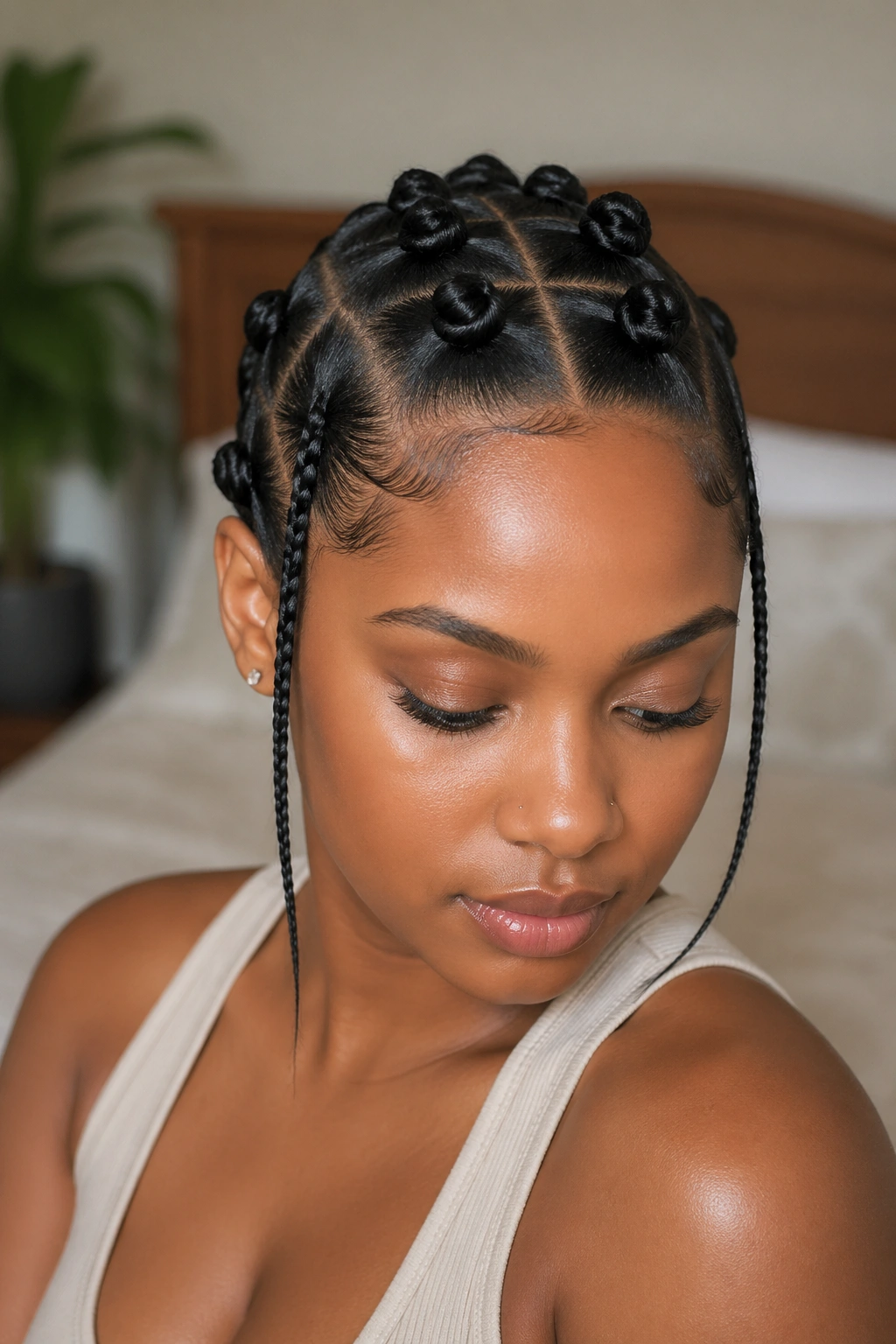 Close-up of center-row bantu knots with two slim side braids on a real person, natural window light.
