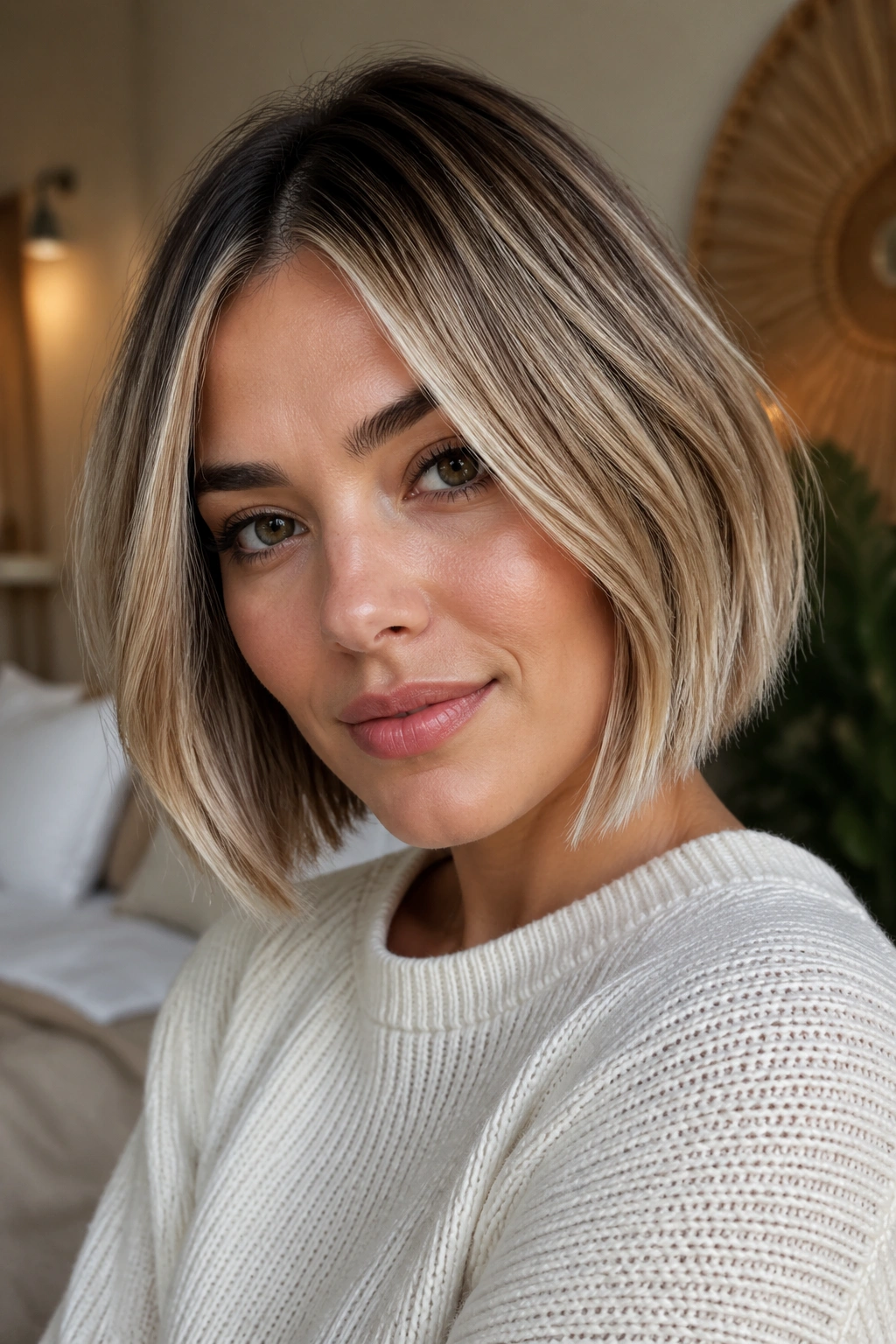 Close-up portrait of a real woman with champagne beige balayage on a chin-length blunt bob in warm window light