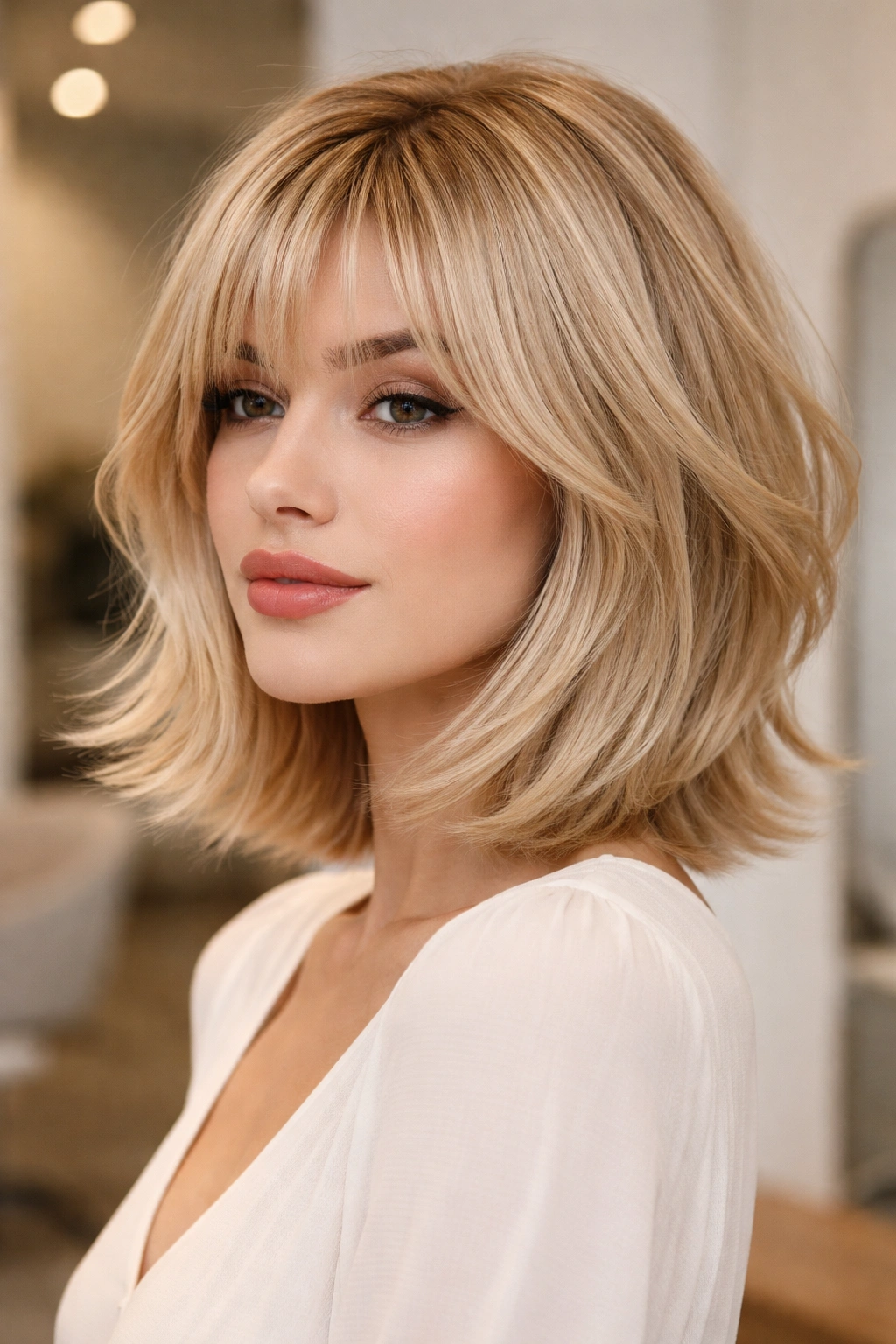 Close-up of a champagne blonde wolf cut bob with flipped-out ends showing glossy layered texture