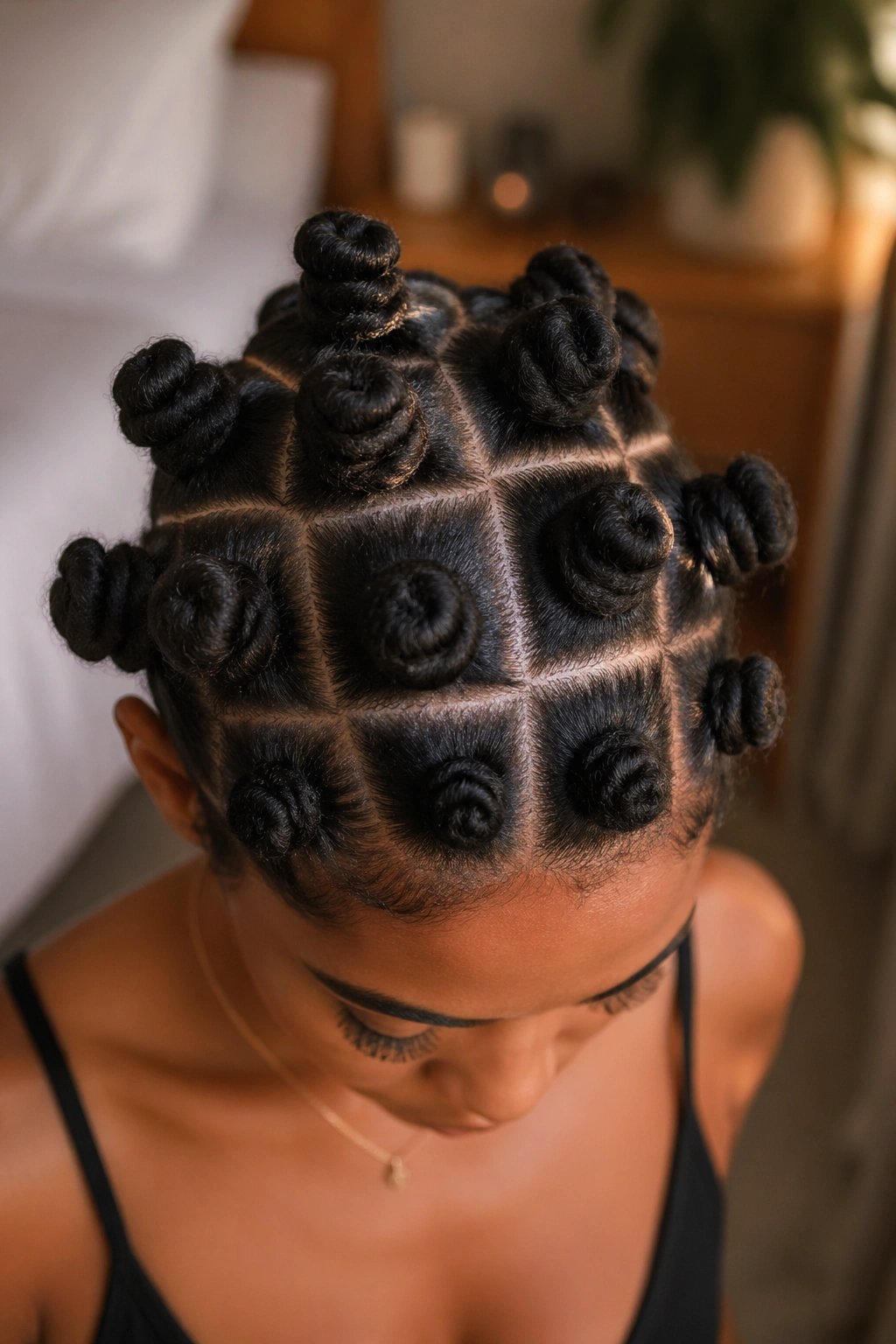 Top-down close-up showing a checkerboard sectioning pattern for medium Bantu knots on a real person