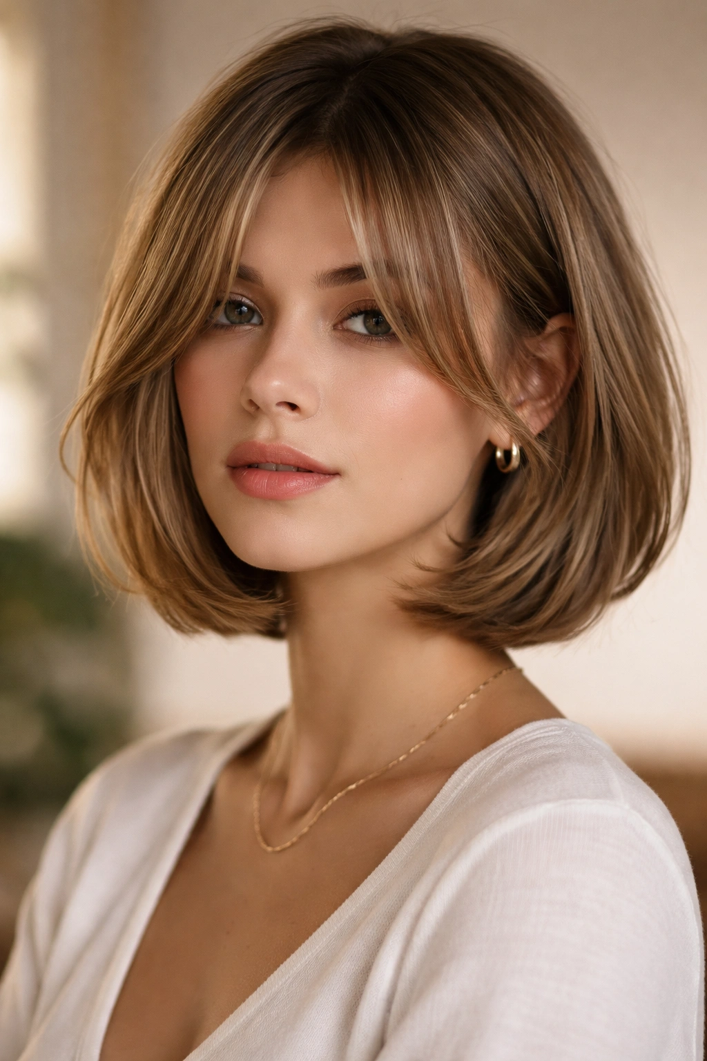 Cheekbone-length bob with long curtain fringe framing the eyes